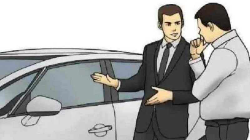 Slaps Roof of Car — High-fidelity canonical template featuring cartoon salesman gesturing to roof with prospect observing, no text overlay.