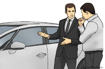 Slaps — Illustration of a car salesman in dark suit with hand on customer's shoulder, standing beside an open car window.