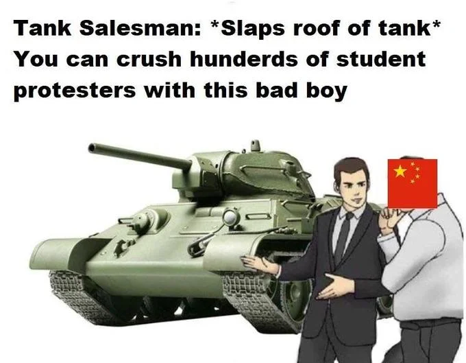 Slaps — Parody replacing car with tank, featuring salesman slapping tank with political reference using two-character setup.