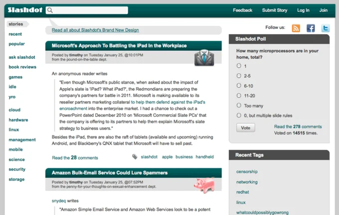 Slashdot Effect — Screenshot of the Slashdot.org website homepage showing tech news articles.