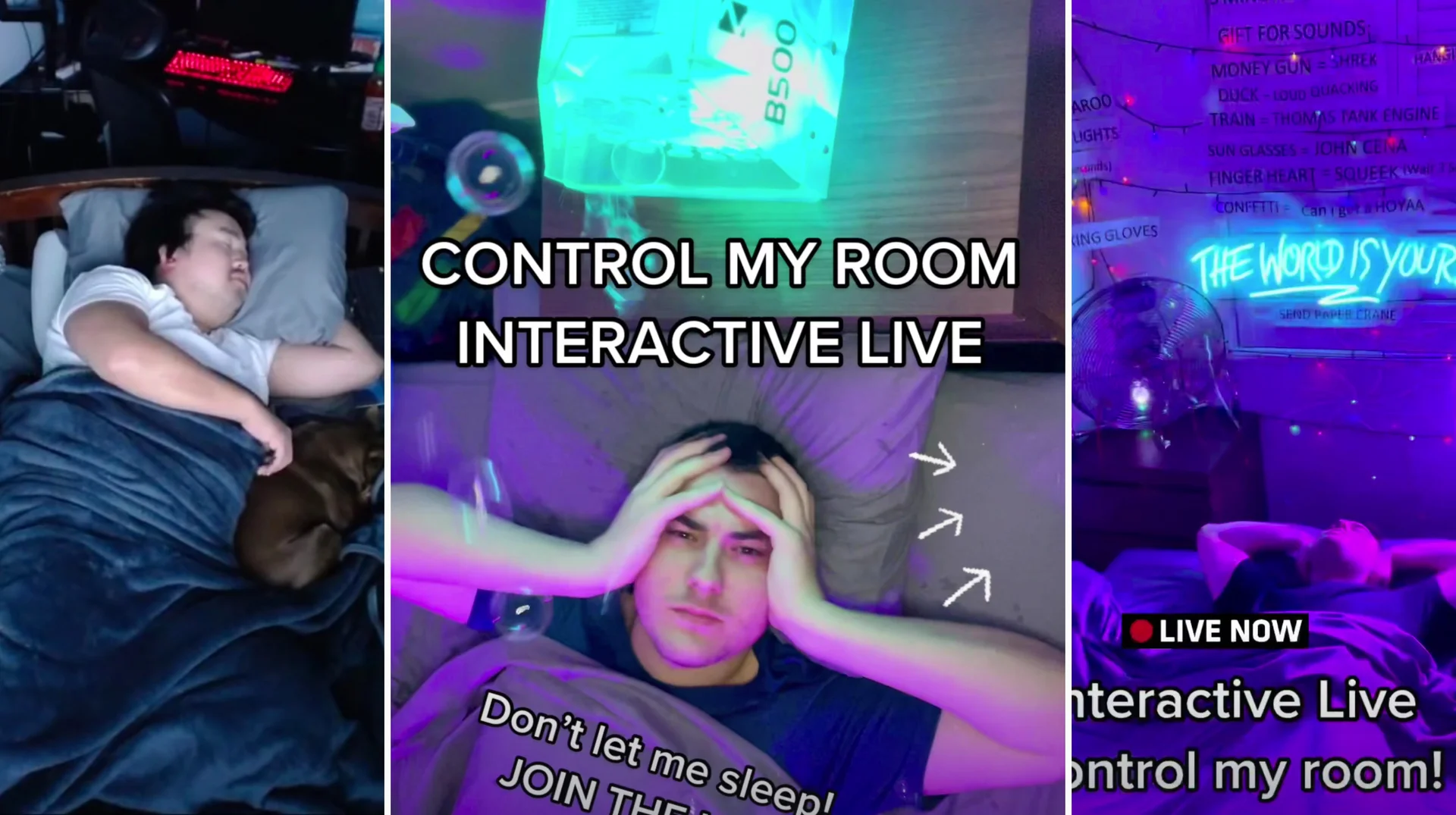 Sleep Stream Control My Room Live — Three-panel TikTok collage of streamers in bed with interactive lights and effects labeled 'Control My Room Interactive