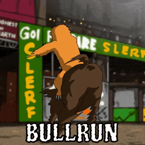 The orange Slerf character is shown jumping or running toward a storefront with prominent SLERF signage visible, capturing energetic movement and action.
