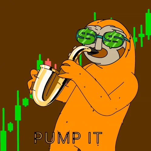 The orange Slerf character wears dollar sign sunglasses and holds a wallet with a confident expression while standing against a background of green and red