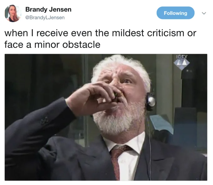 Slobodan Praljak's Courtroom Suicide — Tweet by Brandy Jensen using the Praljak vial-drinking screenshot as a reaction image.
