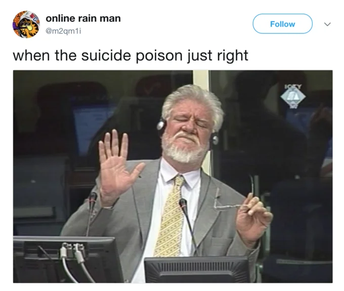 Slobodan Praljak's Courtroom Suicide — Tweet captioned 'when the suicide poison just right' over a courtroom image of Praljak.