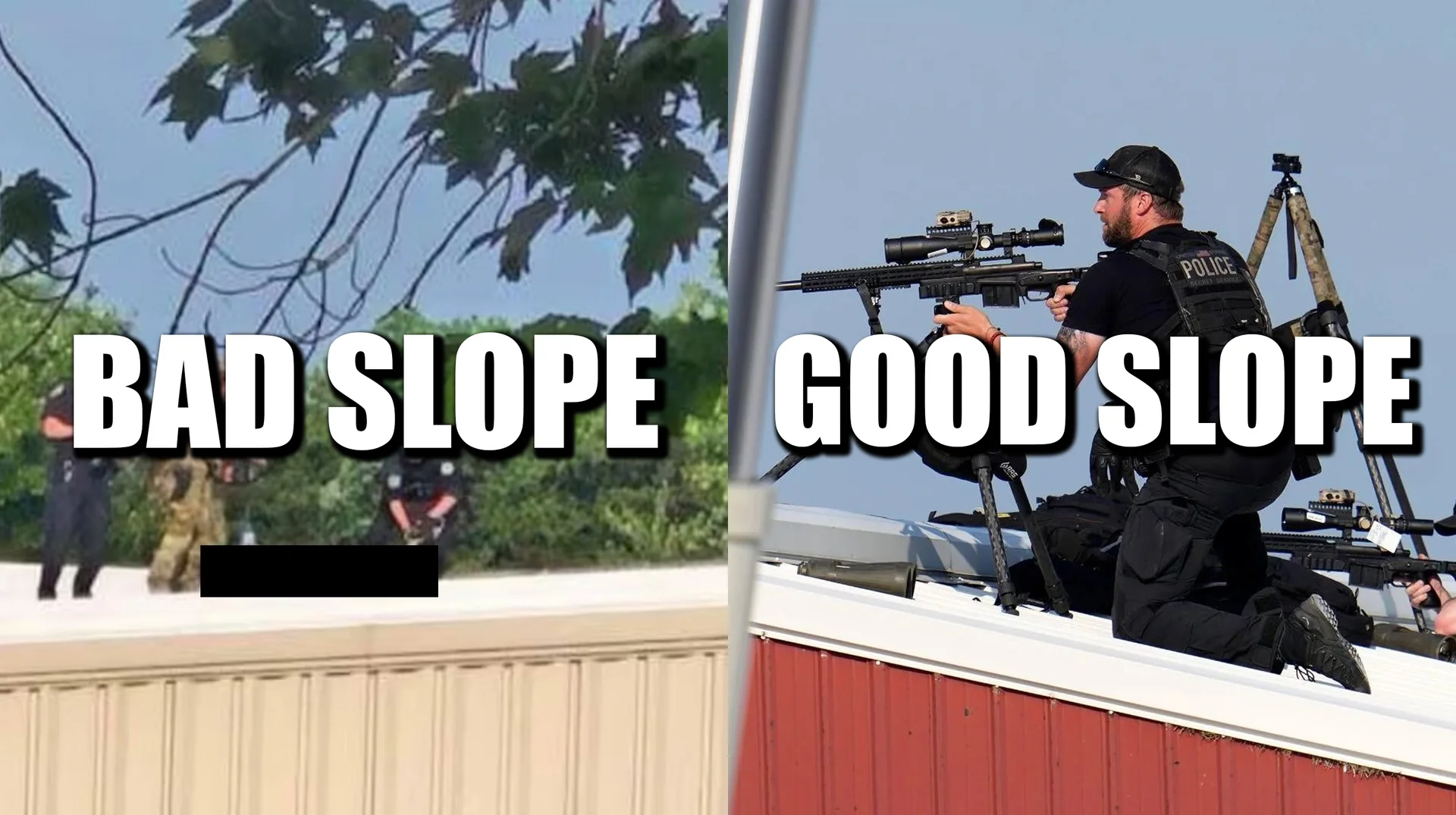 Sloped Roof Secret Service Director Comment — Split image labeled BAD SLOPE and GOOD SLOPE comparing two nearly identical low-slope rooftops used by law