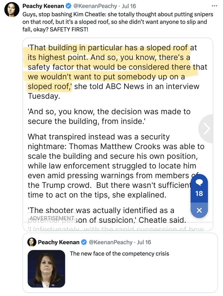 Sloped Roof Secret Service Director Comment — Tweet by Peachy Keenan quoting Kim Cheatle's ABC News interview about the sloped roof being unsafe for snipers.
