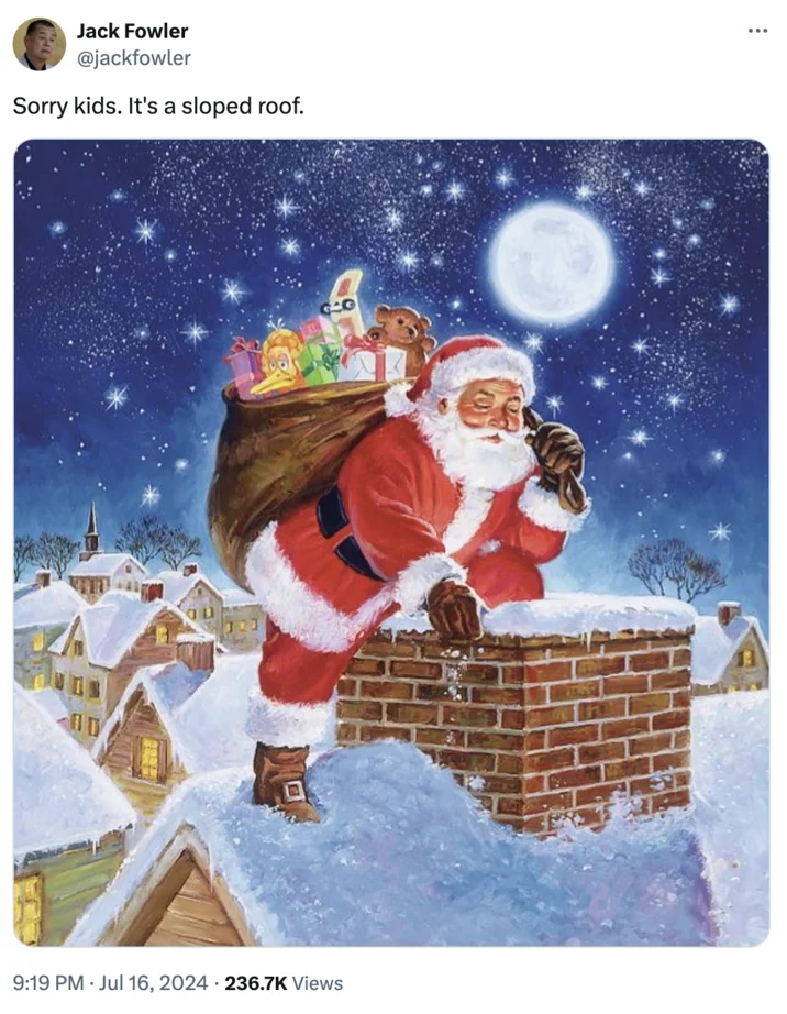 Sloped Roof Secret Service Director Comment — Tweet with a painting of Santa Claus on a snowy rooftop, joking that Santa can't deliver because it is sloped.