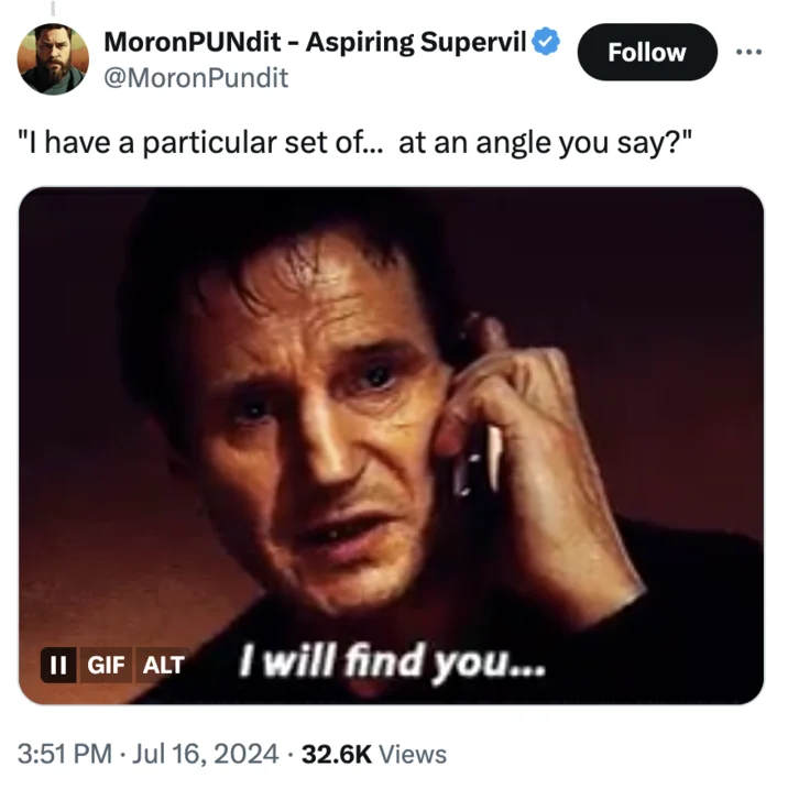 Sloped Roof Secret Service Director Comment — Tweet featuring the Liam Neeson Taken meme with a joke about a sloped angle roof.