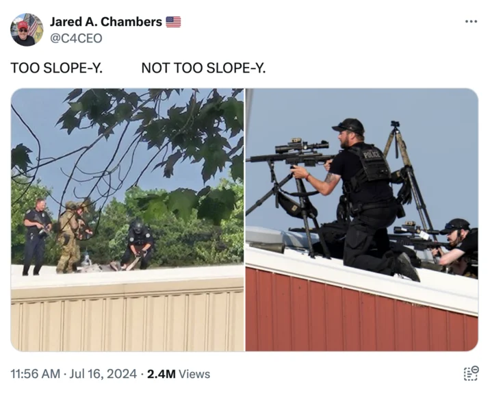 Sloped Roof Secret Service Director Comment — Jared A. Chambers tweet showing two rooftop photos labeled 'too slope-y' and 'not too slope-y.'