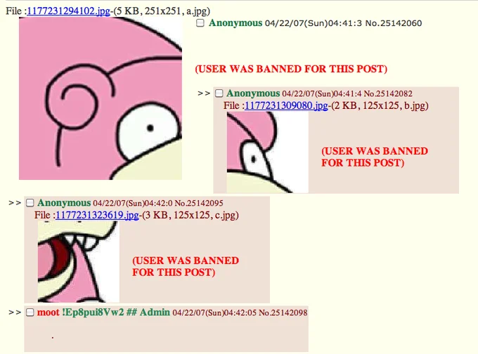 4chan thread screenshot of banned Slowpoke close-up posts from 2007.