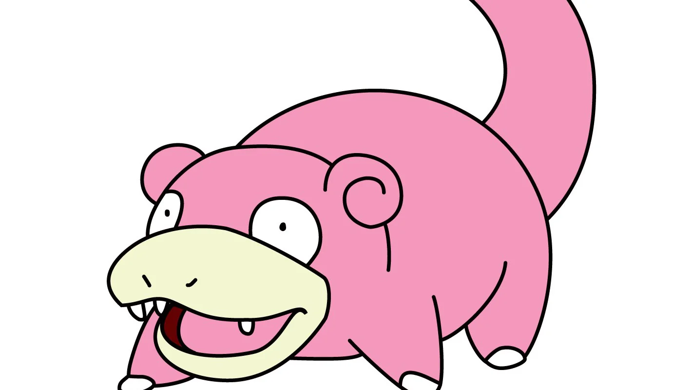 Pink cartoon Slowpoke Pokémon with an open smile and blank expression.
