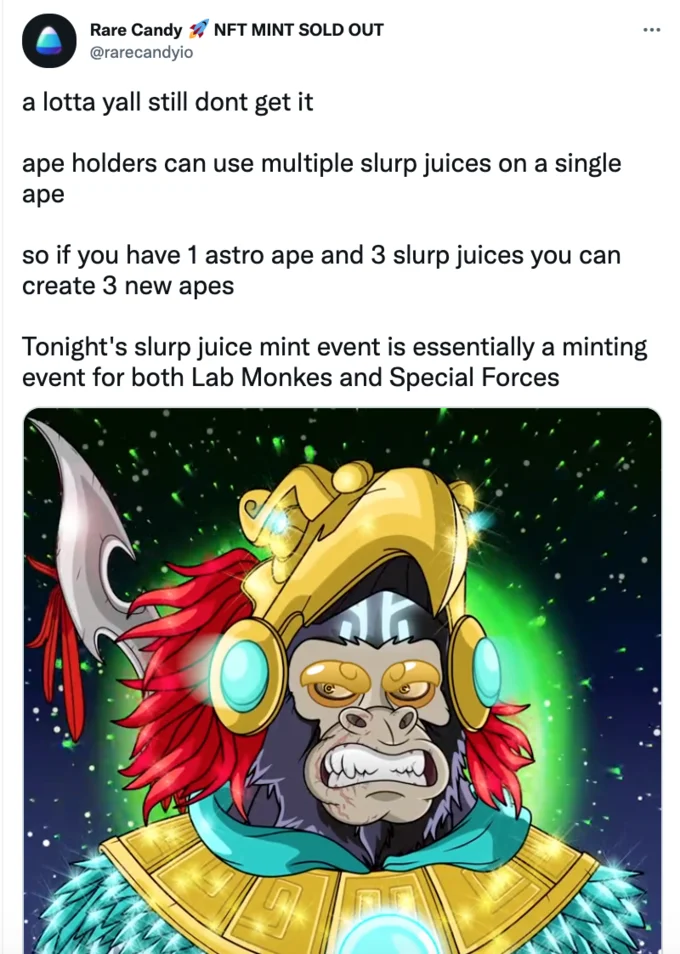 Rare Candy tweet about using multiple slurp juices on a single ape, over an illustration of an armored ape NFT.