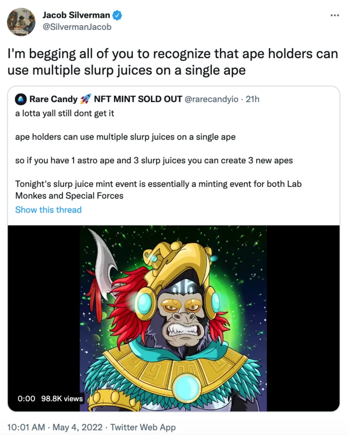 Screenshot of @rarecandyio tweet explaining slurp juice mint mechanics with armored ape NFT image.