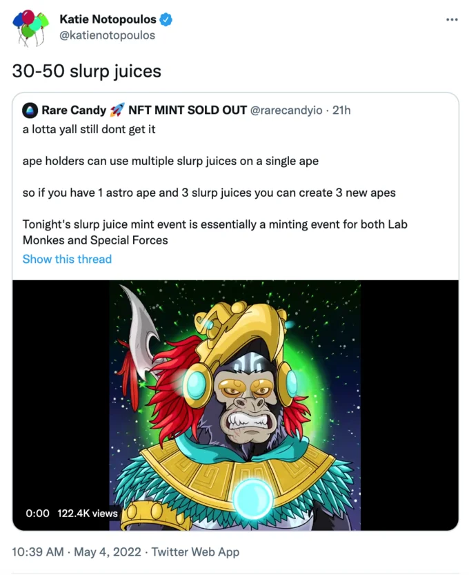 Tweet from @slime_golem mocking the slurp juice ape post with emphasis on 'MULTIPLE'.