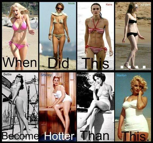 Slut Shaming — An 8-photo collage comparing modern thin celebrities to classic Hollywood pin-ups, asking about changing beauty standards.