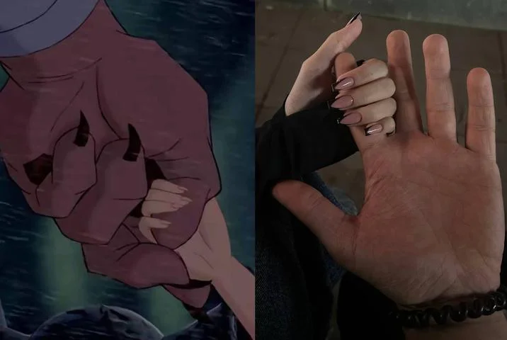 Small Girl Holding Big Finger Karolinaa_Priiv Hand Hold — A meme by TikToker karolinaa_priiv comparing the Beast holding Belle's hand to her holding her