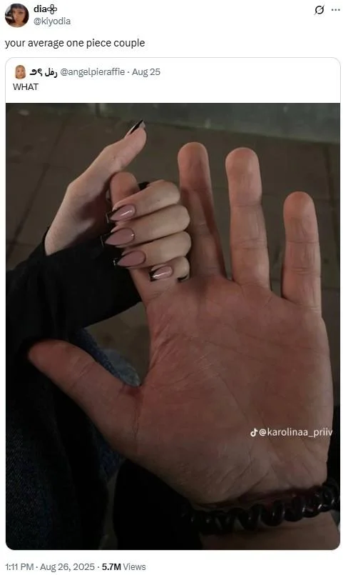 Small Girl Holding Big Finger Karolinaa_Priiv Hand Hold — A photo of TikToker karolinaa_priiv holding her boyfriend's hand. The post reads, "your average one