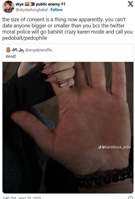 Small Girl Holding Big Finger Karolinaa_Priiv Hand Hold — A tweet reading, "the size of consent is a thing now apparently. you can't date anyone bigger or