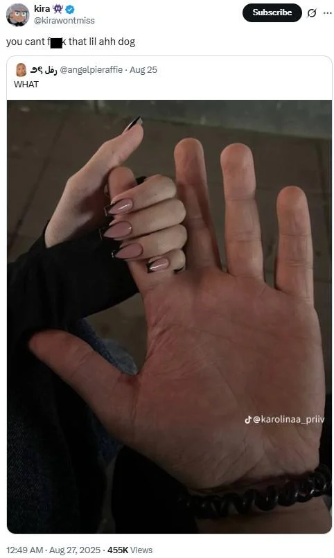 Small Girl Holding Big Finger Karolinaa_Priiv Hand Hold — kira @kirawontmiss you cant fk that lil ahh dog WHAT J@angelpieraffie - Aug 25 12:49 AM - Aug 27