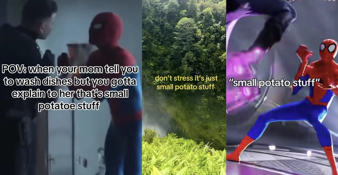 Three-panel collage of TikTok memes captioned with variations of 'small potato stuff' featuring Spider-Man clips and a jungle landscape.