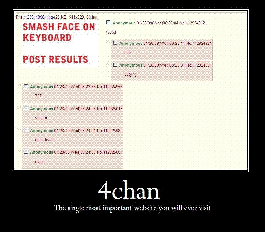Smash Face On Keyboard, Post Results — Demotivational poster of 4chan thread captioned The single most important website you will ever visit