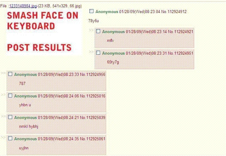 Smash Face On Keyboard, Post Results — High resolution 4chan thread showing keyboard smash prompt and anonymous gibberish replies