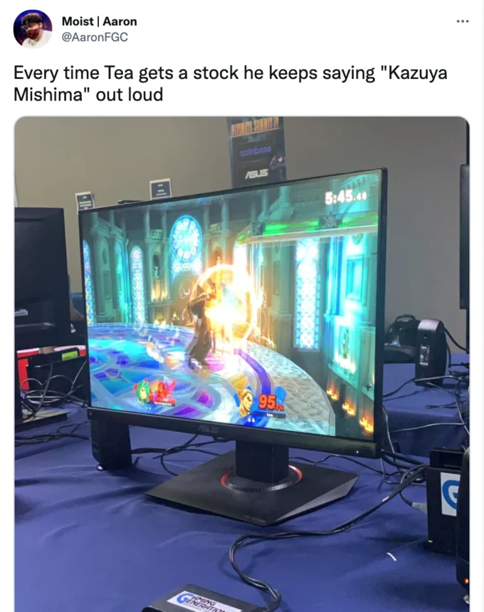 Smash Players Saying "Kazuya Mishima" — Tweet by @AaronFGC noting Japanese player Tea shouts 'Kazuya Mishima' every time he takes a stock at a Smash tournament