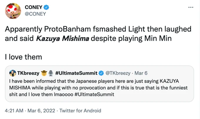 Smash Players Saying "Kazuya Mishima" — Tweet by @CONEY describing ProtoBanham saying 'Kazuya Mishima' after hitting Light while playing Min Min