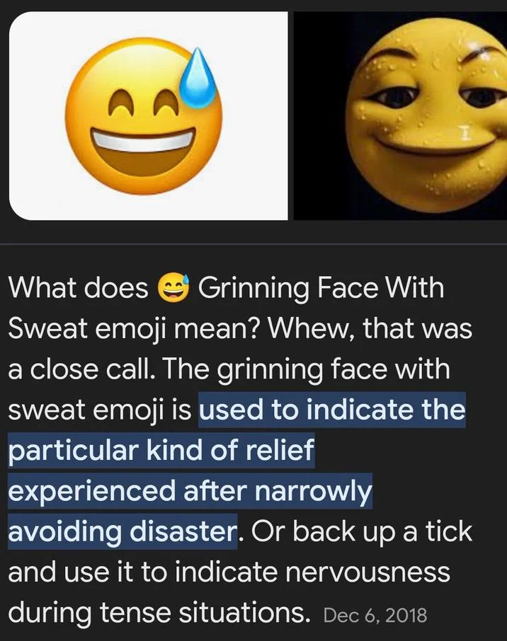 Smiling Sweating Emoji — A split-screen comparison of standard Unicode grinning-face emoji versus AI-generated sweating emoji with explanatory text.