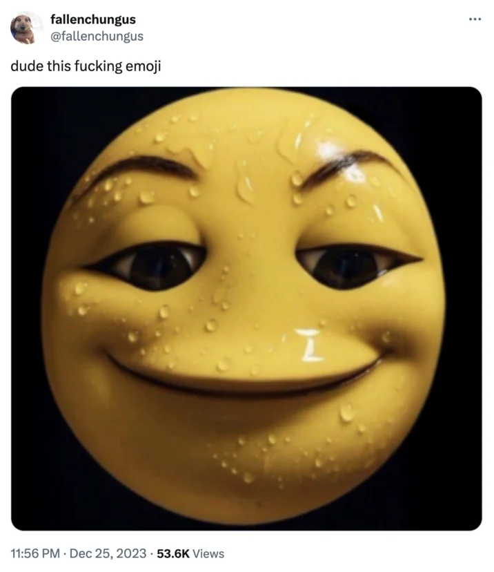 Smiling Sweating Emoji — A Twitter post with user commenting 'dude this fucking emoji' alongside the sweating emoji.