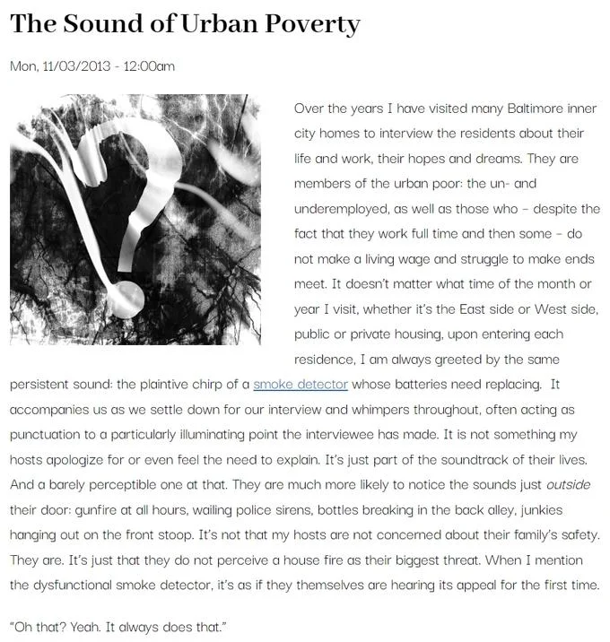 Smoke Detector Beeping — Article screenshot titled 'The Sound of Urban Poverty' referencing chirping smoke detectors