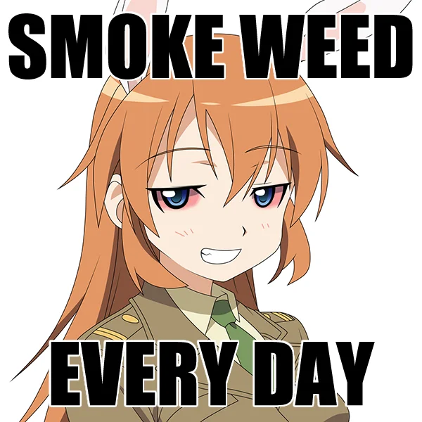 Anime girl in military uniform with 'Smoke Weed Every Day' caption.
