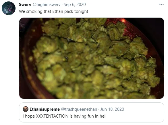 Smoking On That X Pack — Tweet 'We smoking that Ethan pack tonight' with photo of green ground material, replying to Ethan tweet