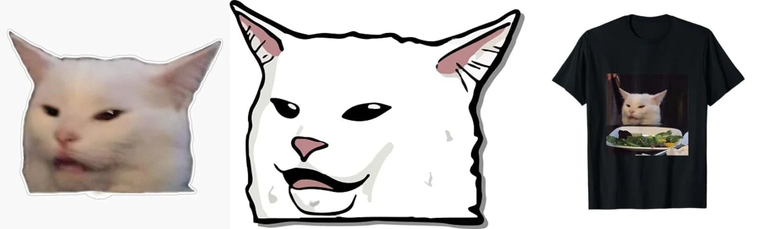 Smudge the Cat — Composite image showcasing three Smudge merchandise items: sticker, cartoon illustration, and t-shirt with meme.