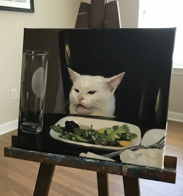 A realistic oil painting depicting Smudge the cat at his iconic dinner table pose with salad plate on a wooden easel.