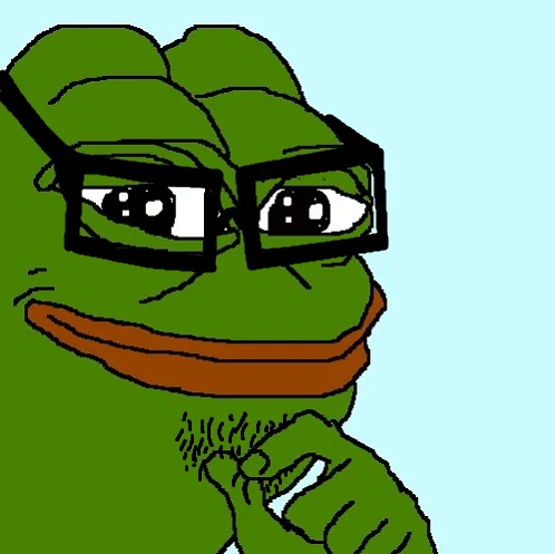 Smug Frog — Smug Pepe frog wearing thick black glasses smirking with chin on hand
