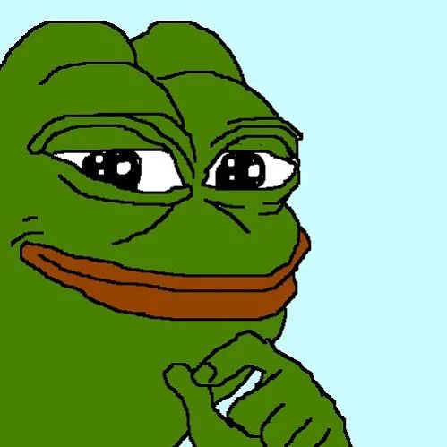 Smug Frog — Cartoon green frog with half-closed eyes and a smug smirk resting chin on hand