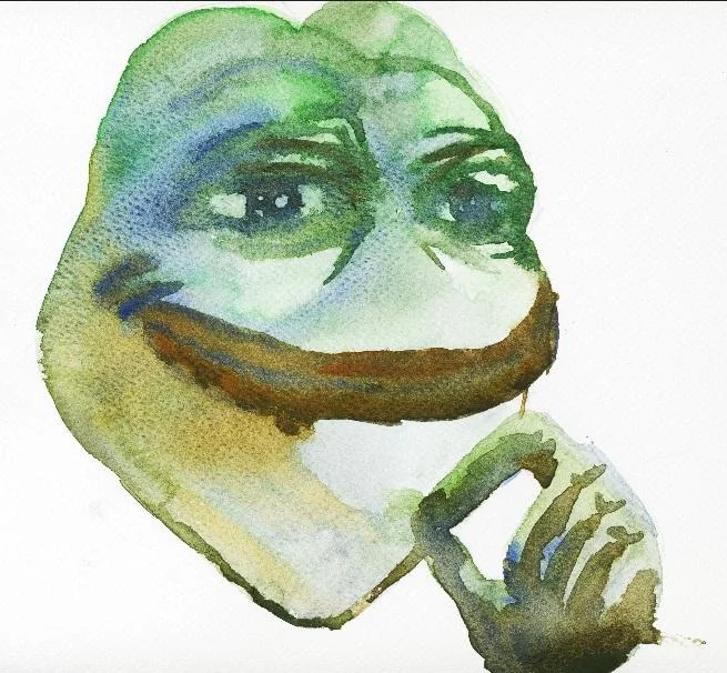 Smug Frog — Watercolor painting of Smug Pepe the Frog with chin on hand