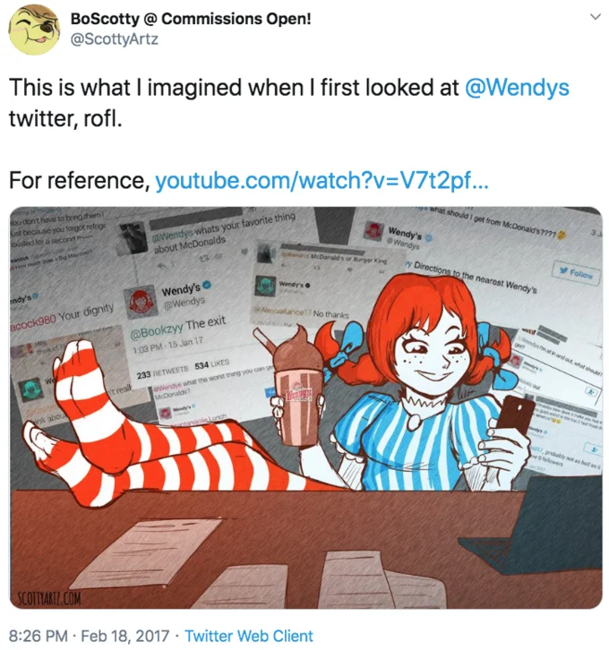 Smug Wendys — BoScotty @ Commissions Open! @ScottyArtz This is what I imagined when I first looked at @Wendys twitter, rofl. For reference