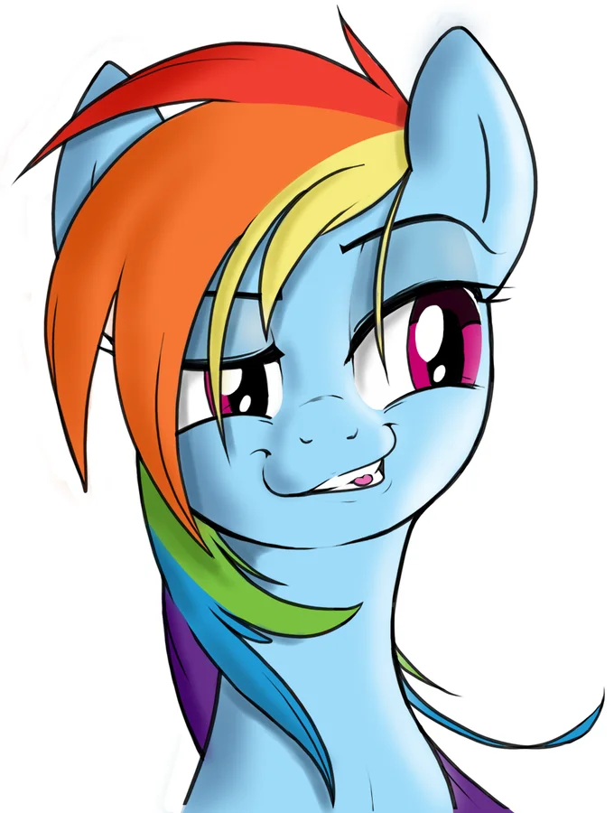 Smugdash — Hand-drawn shaded portrait of Rainbow Dash pony smirking smugly