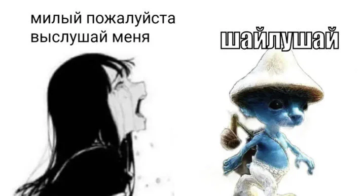Russian language two-panel meme with woman profile and Smurf Cat reaction