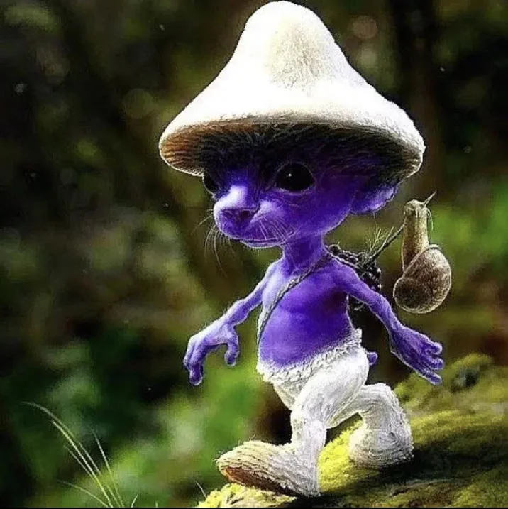 Purple-colored Smurf Cat character with white hat on logs
