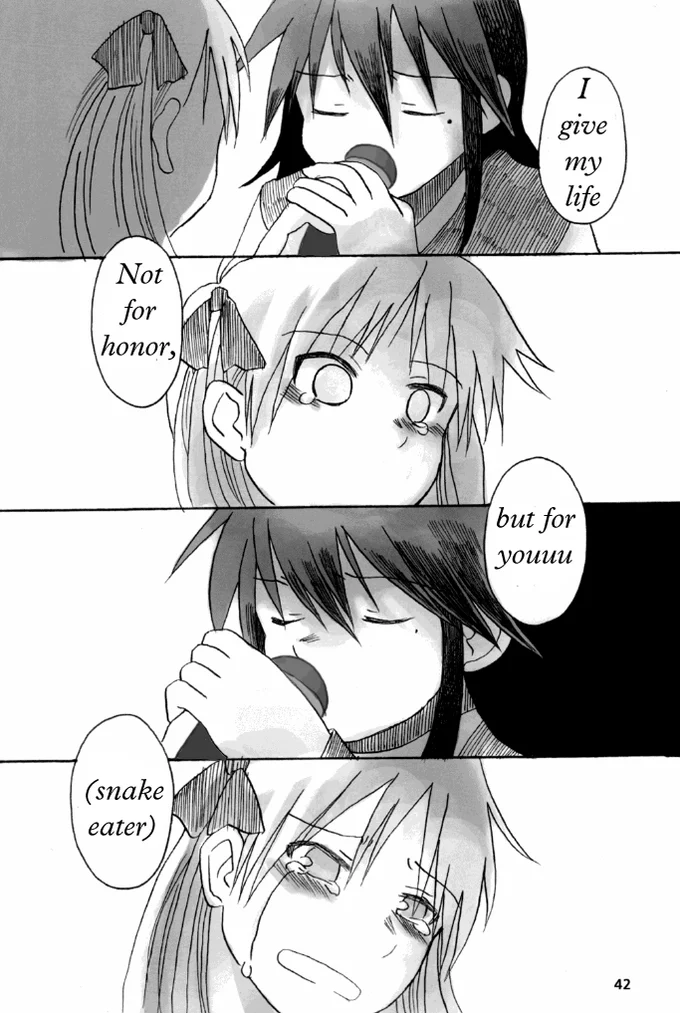 "Snake Eater" (Song) — Manga panels of characters singing the Snake Eater song chorus into a microphone
