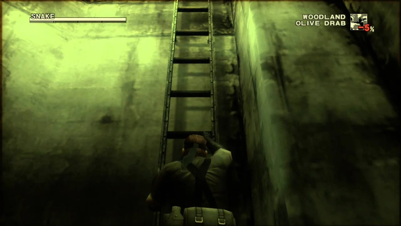 "Snake Eater" (Song) — Metal Gear Solid 3 screenshot of Snake climbing the long ladder while the Snake Eater theme song plays