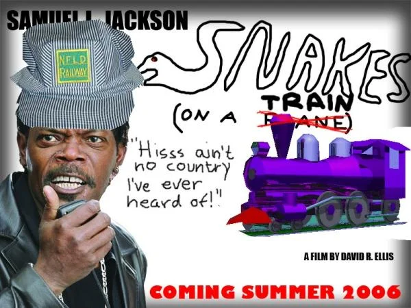 Snakes on a Plane — Snakes on a Train parody poster with Samuel L. Jackson in a train conductor cap