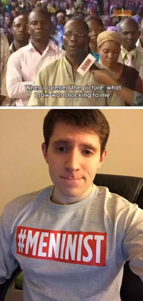 Snakes Started Manifesting In My House Physically — Exploitation pairing original story with selfie of man wearing #MENINIST t-shirt as punchline.
