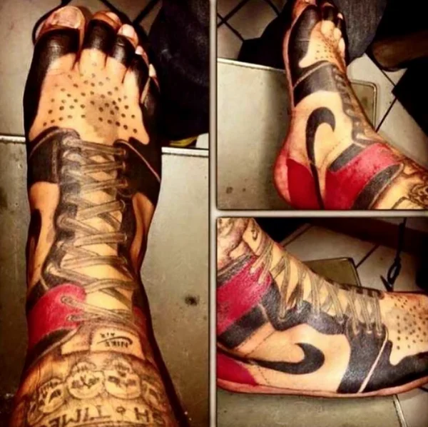 Sneakerheads — Foot tattooed to look like a red and black Air Jordan 1 sneaker