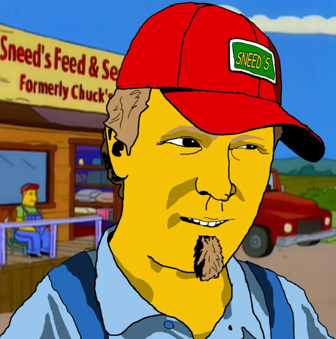 Simpsons GIF of a man at a desk with a Sneed's Feed and Seed name plaque