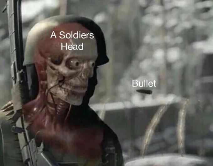 Sniper Elite Headshot — Sniper Elite meme with plain labels 'A Soldiers Head' on skeleton and 'Bullet' on projectile.